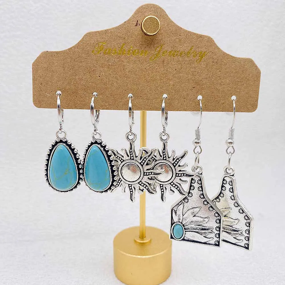 Western Retro  Turquoise Bull Head Earrings Cactus Boots Cowboy Hat Alloy Ethnic Style Earrings Set Jewelry for Women