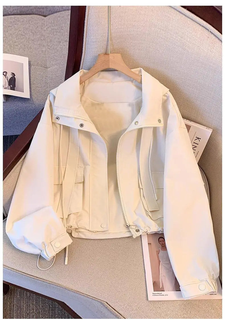 Short Hooded Jacket Women's Spring Autumn 2026 New Lady Loose Thin Work Jacket Top Solid Casual Student Zipper Outwear