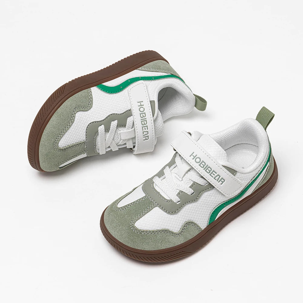 HOBIBEAR Kids Wide Toe Barefoot Shoes Hook Loop Minimalist Sneakers Artificial Leather Mesh Retro Walking Shoes for Big Kid