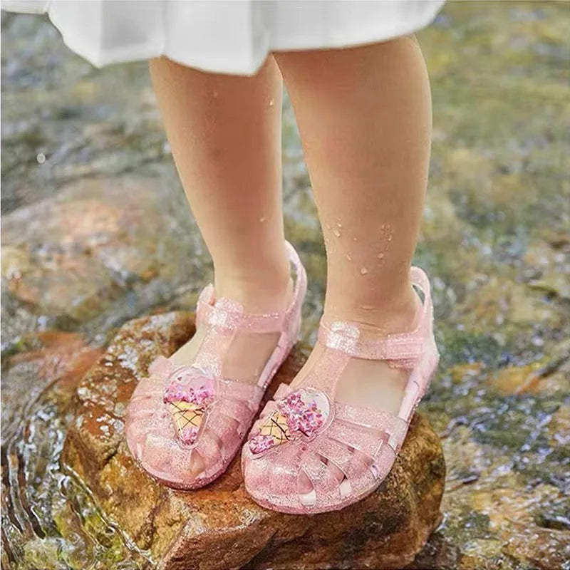 Mini Melissa Children Sandals New Girls Sandals Summer 2023 Soft Peep-toe Antiskid Crystal Princess Children Little Girls Sandal