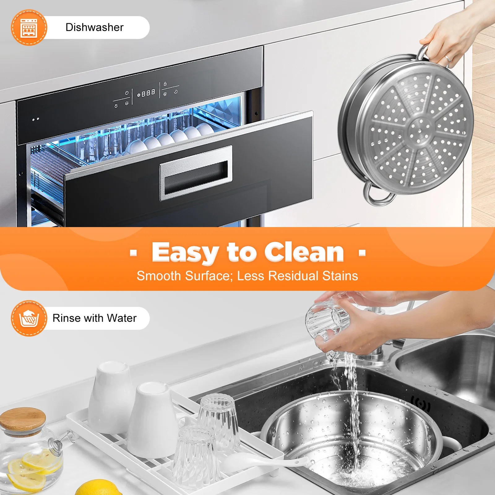 5-Layer Steamer 26cm/28cm/30cm Steam Cooker 304 Food-Grade Stainless Steel 4 Steaming Grids and 1 Cooking Pot W/ Glass Lid