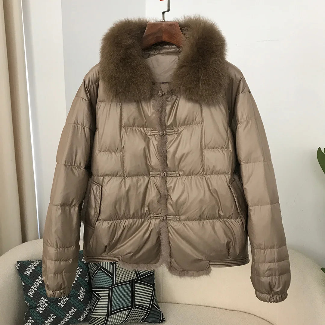 Real Fox Mink Fur Collar Coat Winter Women White Duck Down Jacket Ladies Short Warm Puffer Female Loose Vintage Parka Outerwear