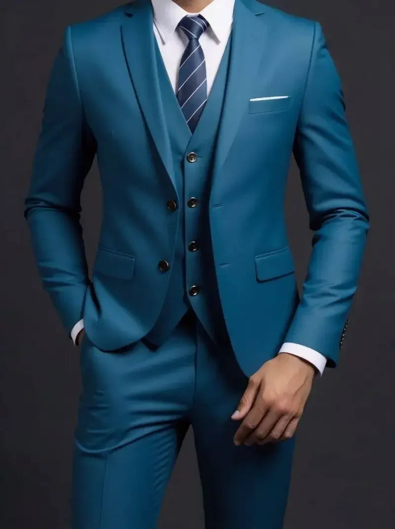 Suit (Blazer+ Vest + Trousers) Men's Fashionable Gentleman Business British Style Solid-color Banquet Host Casual Wedding Suit