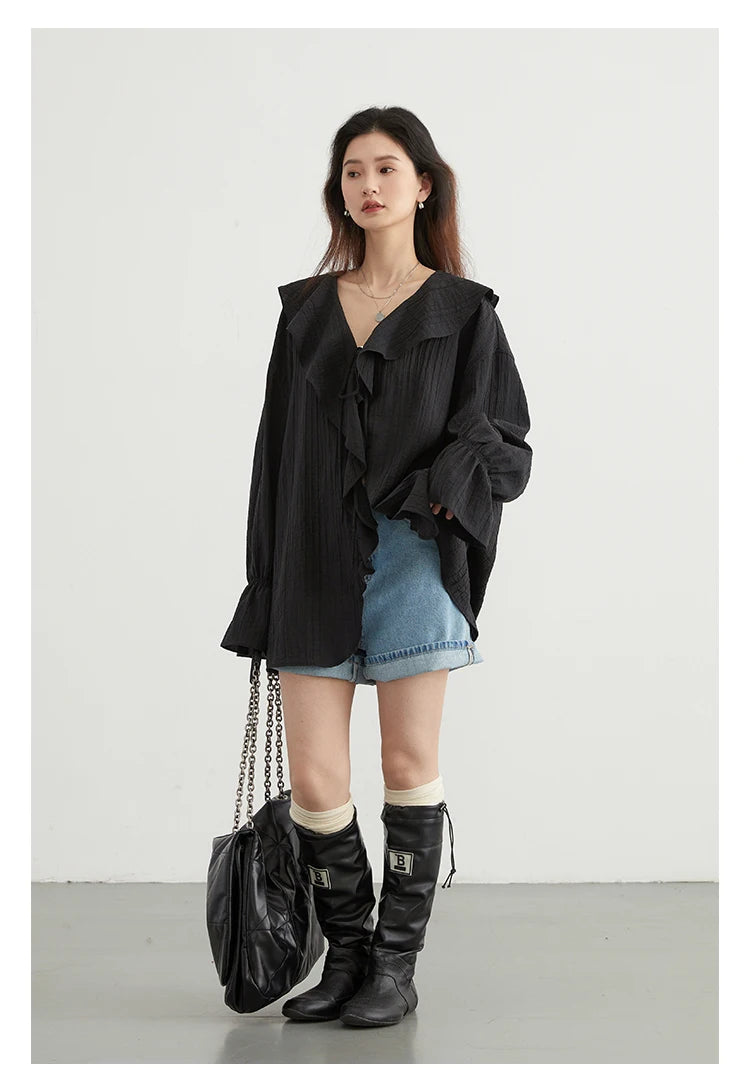 CHIC VEN Women Shirt Loose Casual Ruffled Edges Female Blouses V Neck Lace Up Mid Length Woman Shirts Spring Summer 2026