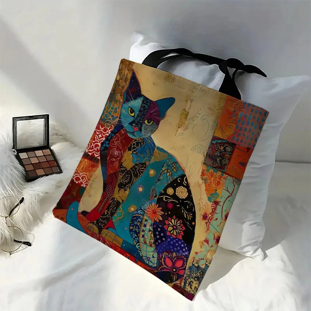 Floral Cat Pattern Tote Bag, Aesthetic Canvas School Shoulder Bag, Lightweight Grocery Shopping Bag