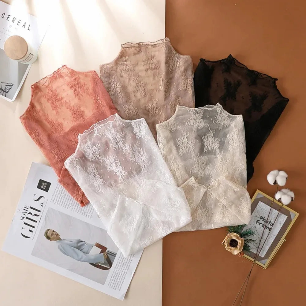 Women's Mesh T-Shirts Long Sleeve Transparent Lace Blouse Sheer See through Top Bottoming Shirt Crop Body Tee