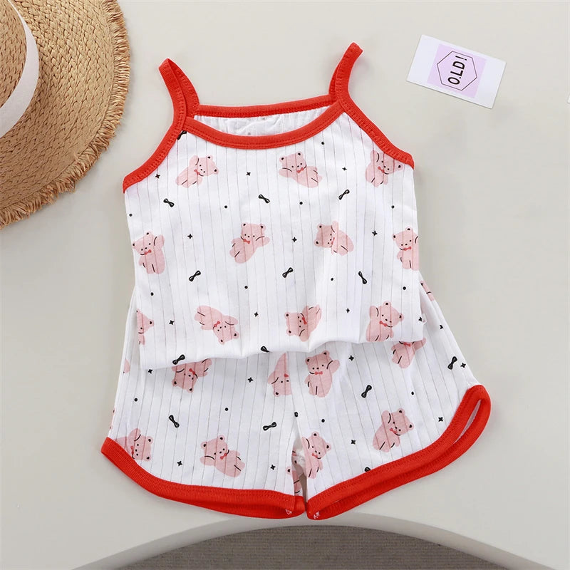 2026 New Kids Tops+shorts Set Summer Thin Baby Cotton Vest Sleeveless Loungewear Set for Girls Suit