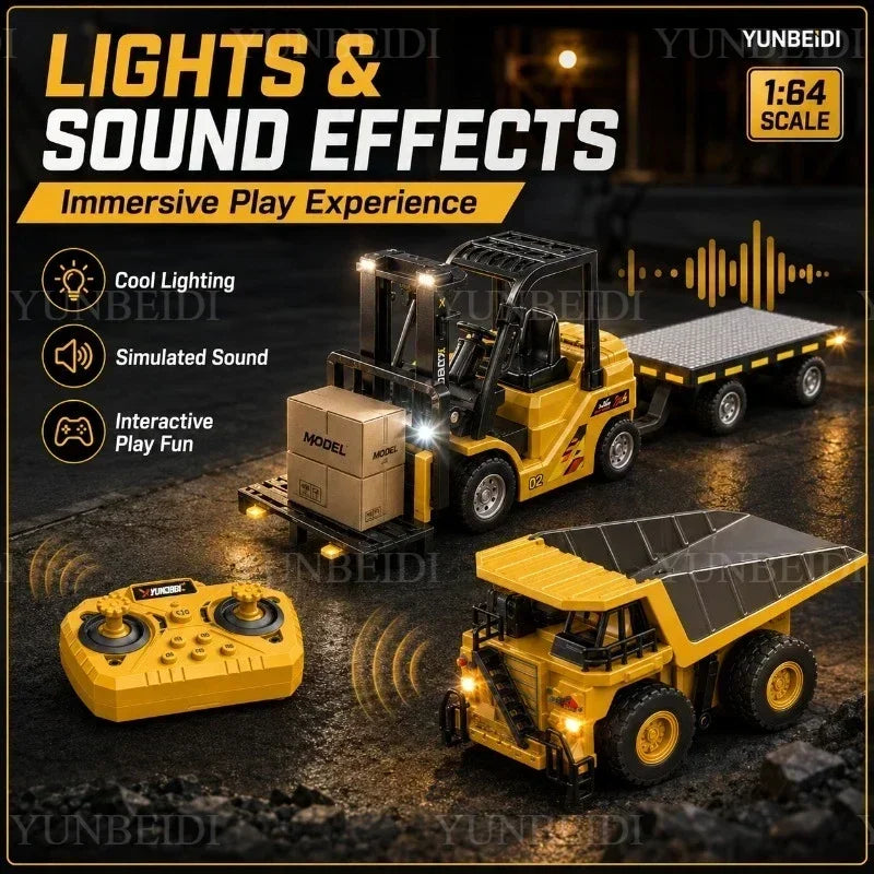1:64 RC Mini Alloy Car Forklift with Trailer Excavator Desktop Game 2.4G Remote Control Engineering Lift Truck Child's Toy Gifts