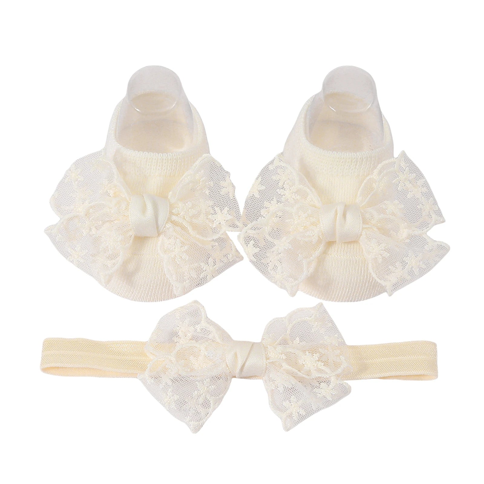 Baby Girls Socks Headband Sets Spring Autumn Knit Lace Bow Princess Socks for Party, Wedding, Baby Shower