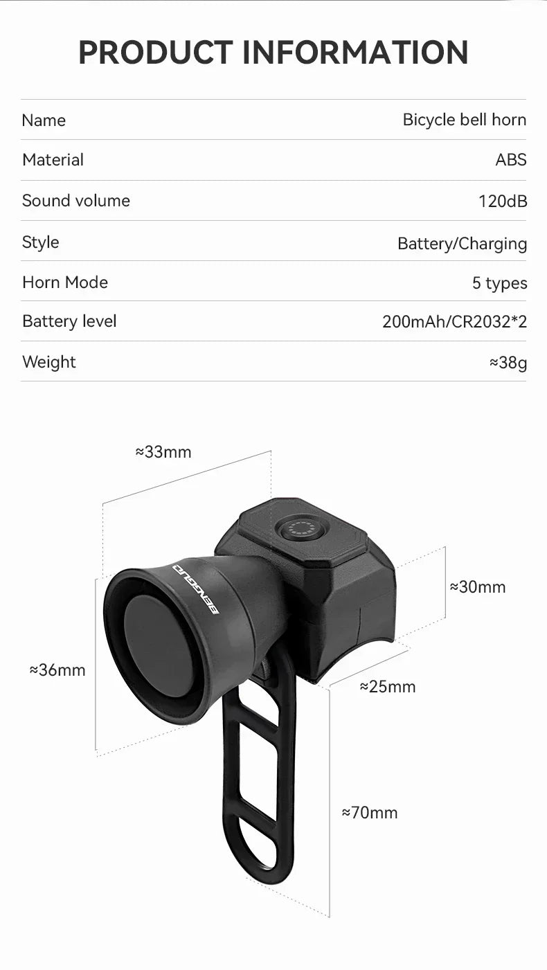 Bicycle Horn Mountain Bike Battery/USB Charging Waterproof Electronic Bike Bell Riding Equipment Children's Scooter Accessories
