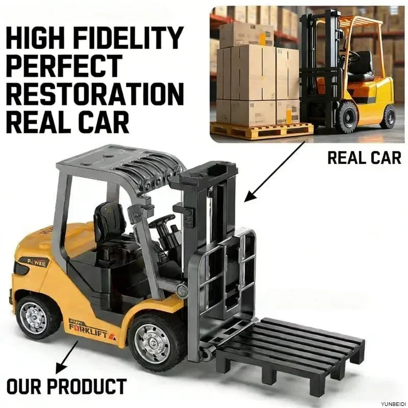 1:64 RC Mini Alloy Car Forklift with Trailer Excavator Desktop Game 2.4G Remote Control Engineering Lift Truck Child's Toy Gifts