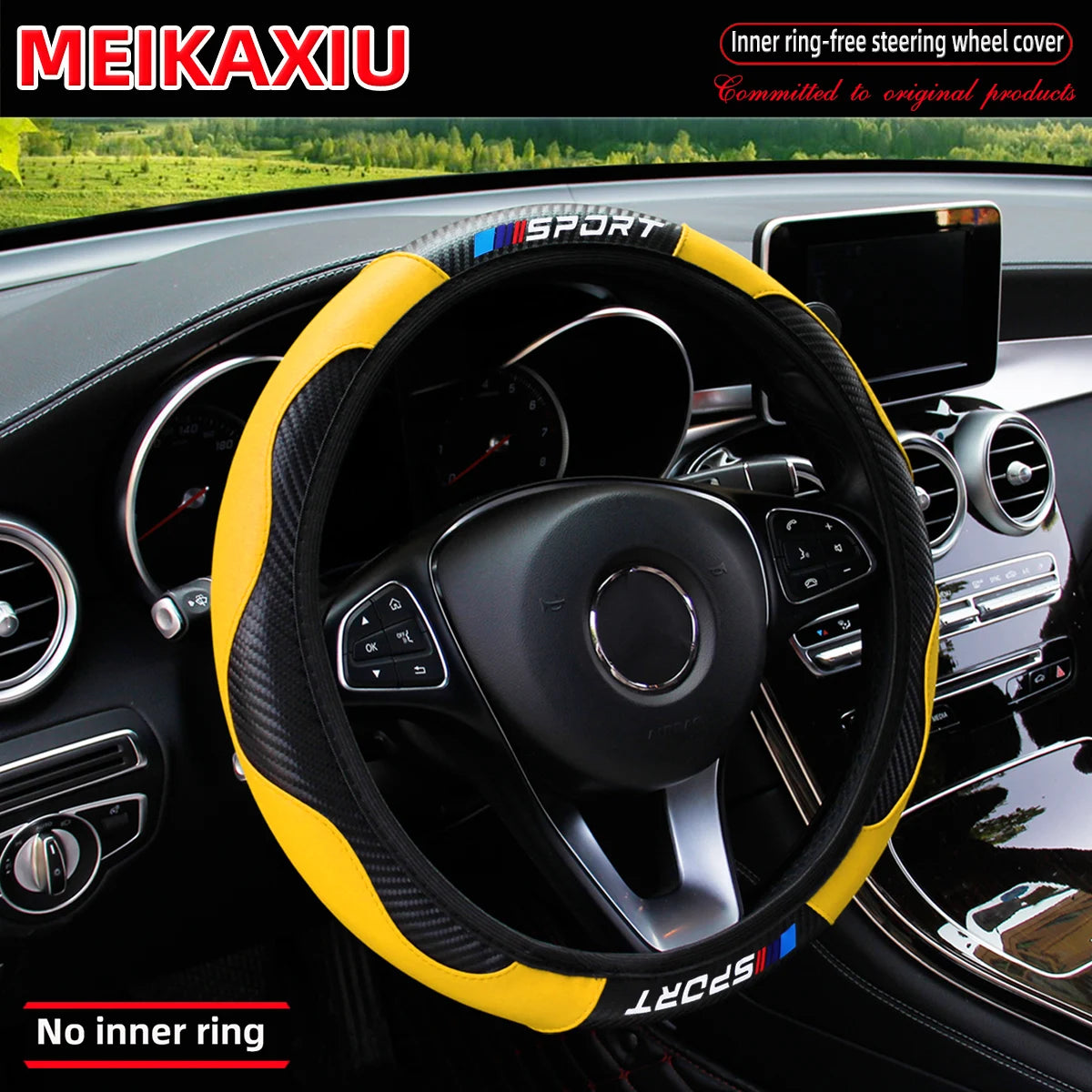 Carbon Fiber Leather Sport Steering Wheel Cover Rimless Universal Fit for 14.5-15 Inch Car Steering Wheels Decorative Accessory