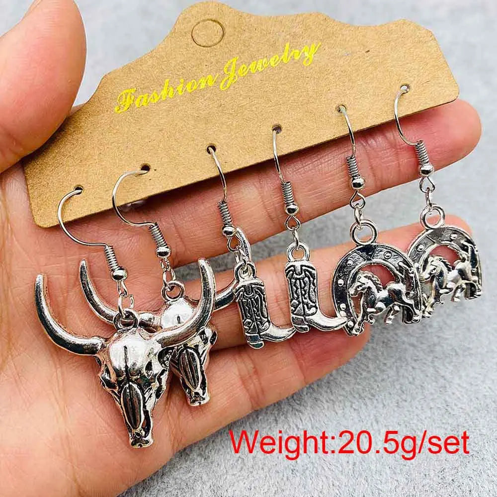 Western Retro  Turquoise Bull Head Earrings Cactus Boots Cowboy Hat Alloy Ethnic Style Earrings Set Jewelry for Women