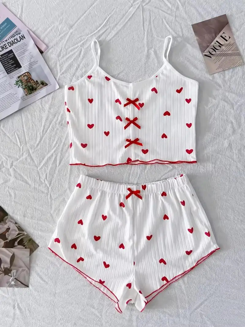 Sexy Sleepwear Women Pajamas Set Heart Print Silk Stain V-Neck Sleeveless Casual Cami Top and Shorts Sets Home Suit Loungewear