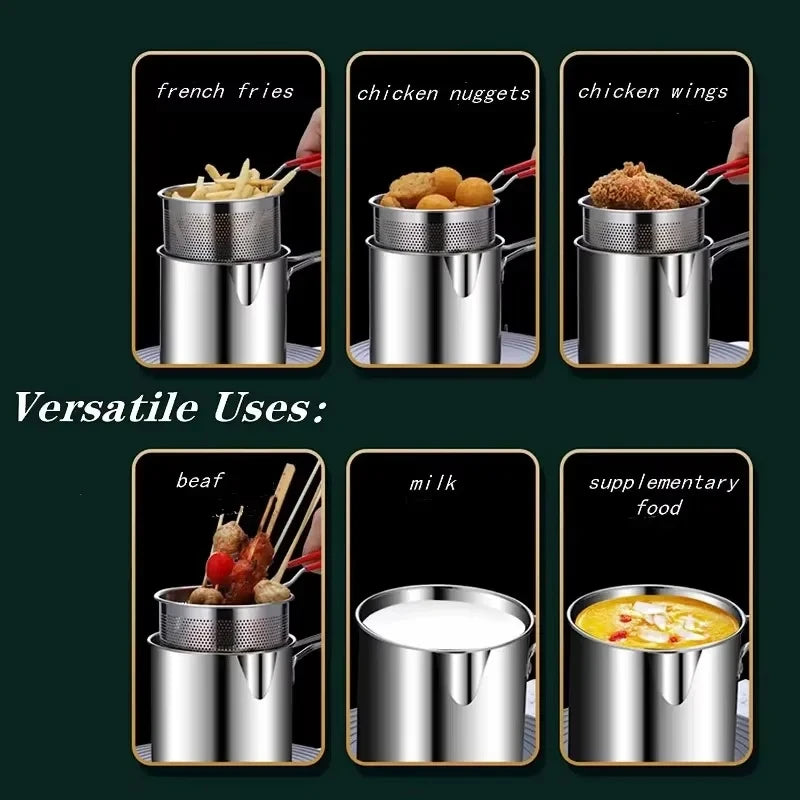 Stainless Steel Deep Frying Pot with Strainer, Multifunctional Fry Pan for Chicken Tempura Cooking