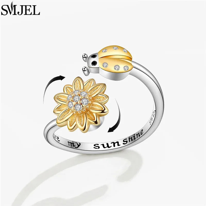 Ethnic Fashion Daisy Flower Anxiety Ring Adjustable Women Girls Worry Stress Relief Jewelry Spinning Fidget Rings Party Gifts