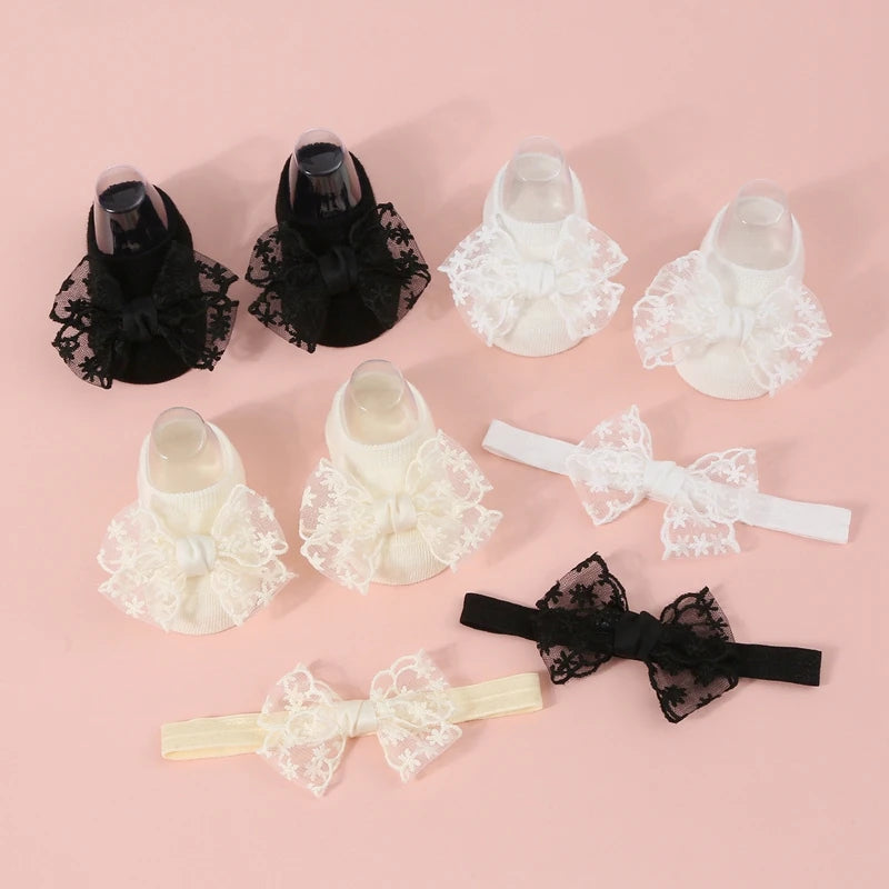 Baby Girls Socks Headband Sets Spring Autumn Knit Lace Bow Princess Socks for Party, Wedding, Baby Shower