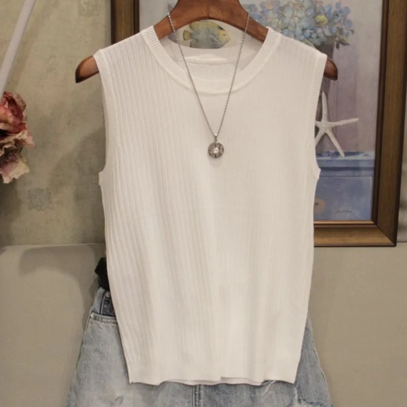 2026 Summer New Fashion Knitted Vests O-neck Sleeveless Casual Thin Tops Sleeveless Blouse Women Shirt