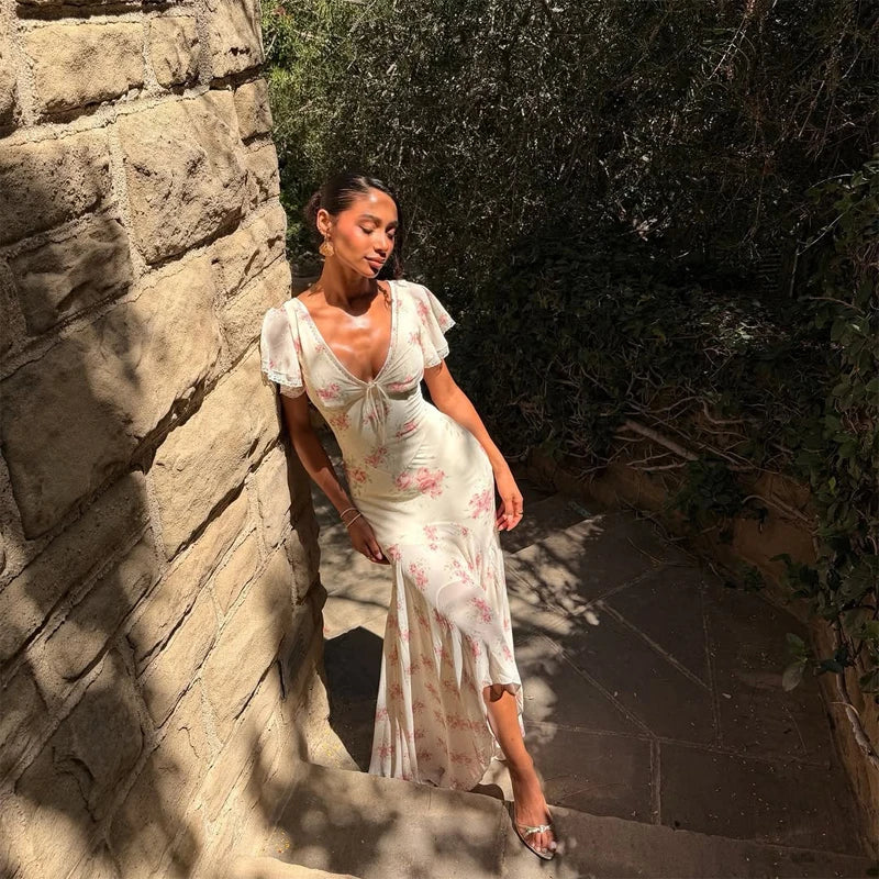 Fashion Organza Floral Printed Maxi Dress V-Neck Puff Sleeve 2026 Spring/Summer Romantic Women Party Gown Elegant Lady Vestido