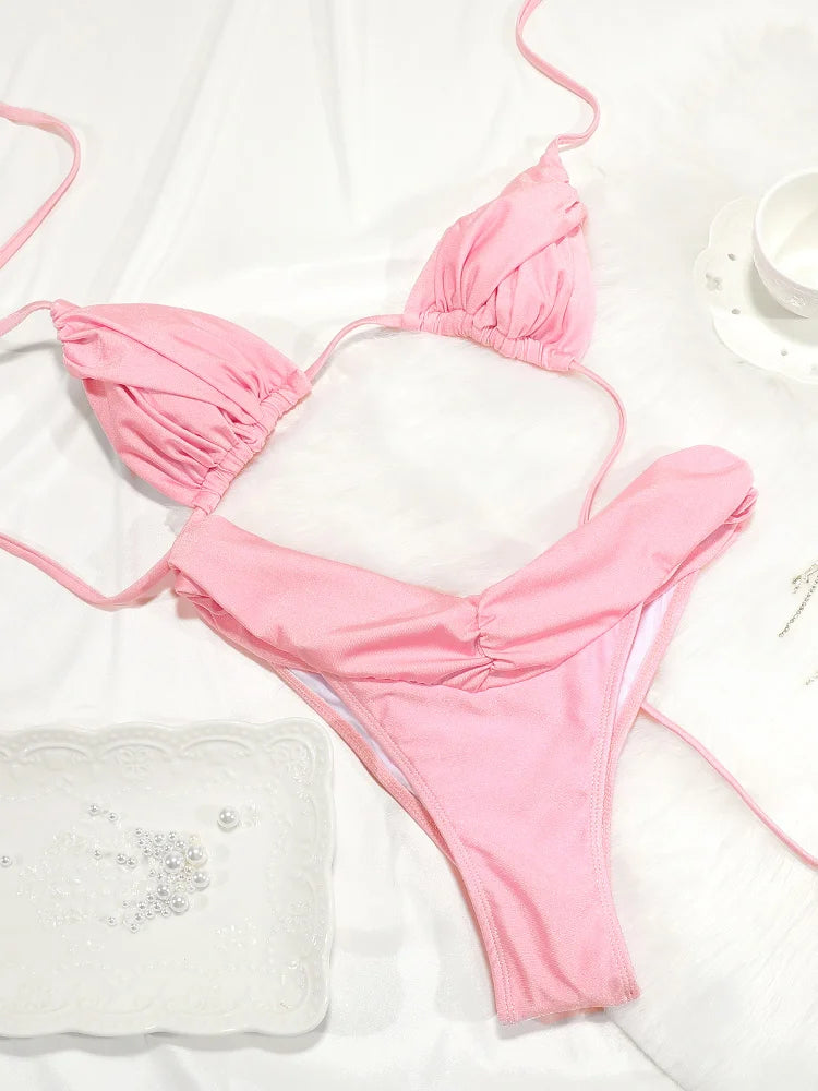 Sexy Folds Bikini Set Solid Micro Bikinis Women Swimsuit Female Triangle Swimwear Beach Wear Bathing Suit