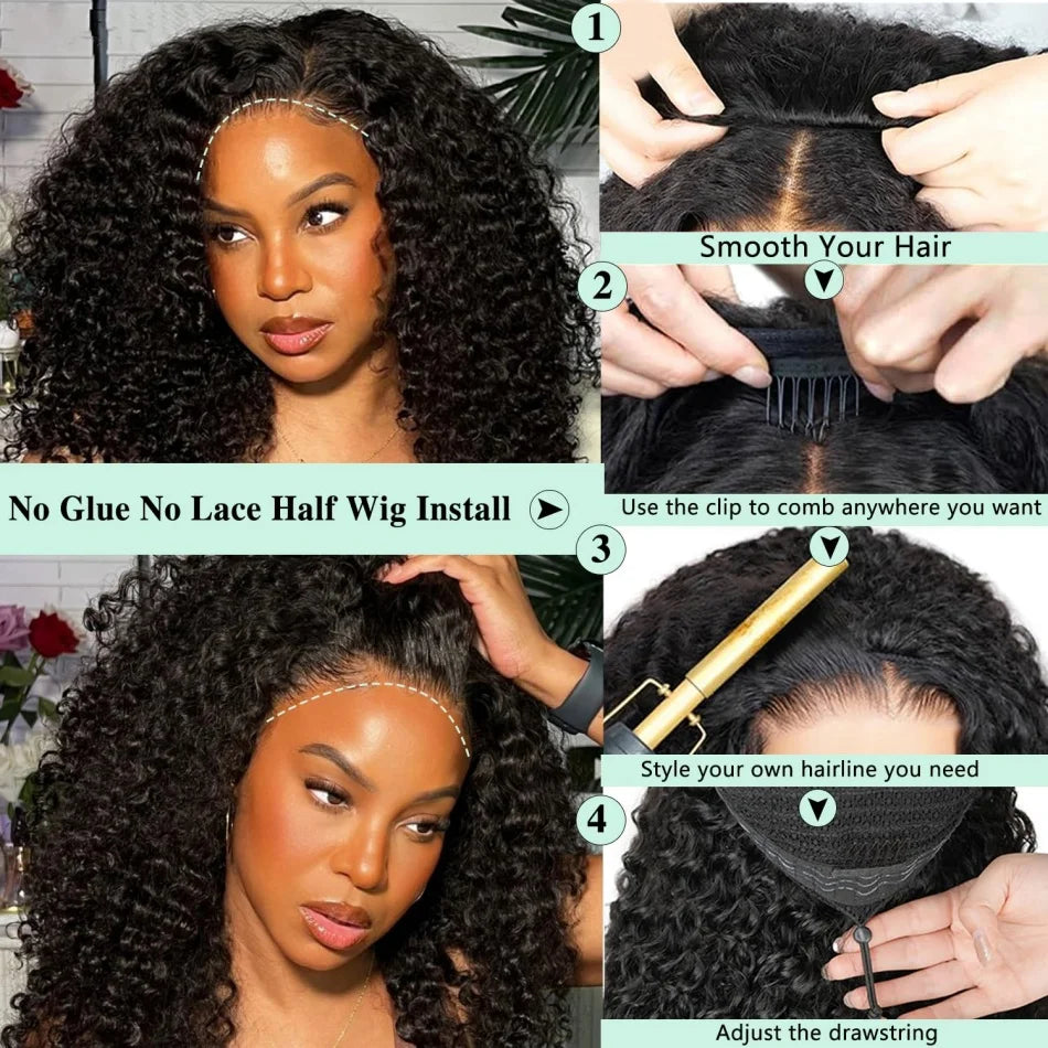 Burmese Curly Human Hair 3 IN 1 Half Wigs Glueless Wig Human Hair For Women Half Wig Drawstring Headband Wig Brazilian Hair