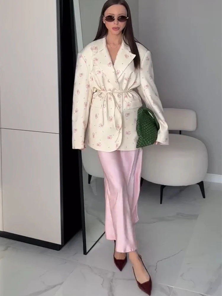 FSMG New Fashion Flowers Print Loose Suit Collar Coat For Women Elegant Belted Waist Cinching Suit Jacket Female Street Chic Top