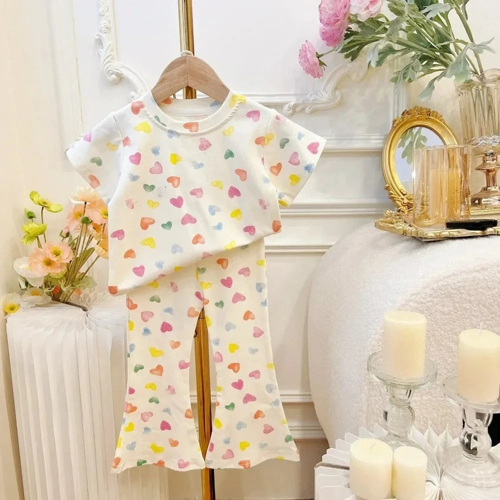 Girls Summer Colorful Printed Suit New Short Sleeved T-shirt + Trumpet Pants 2 Pcs Set Casual Clothes 2-7 Years