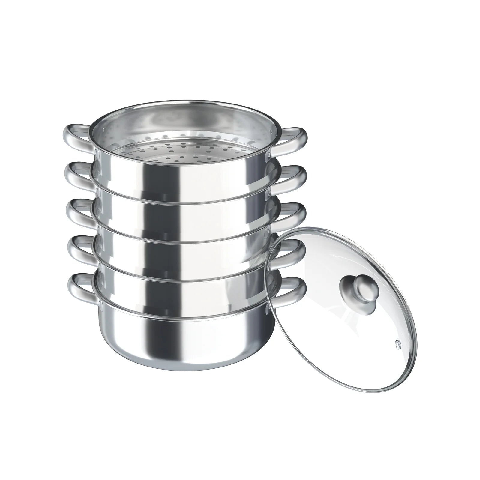 5-Layer Steamer 26cm/28cm/30cm Steam Cooker 304 Food-Grade Stainless Steel 4 Steaming Grids and 1 Cooking Pot W/ Glass Lid