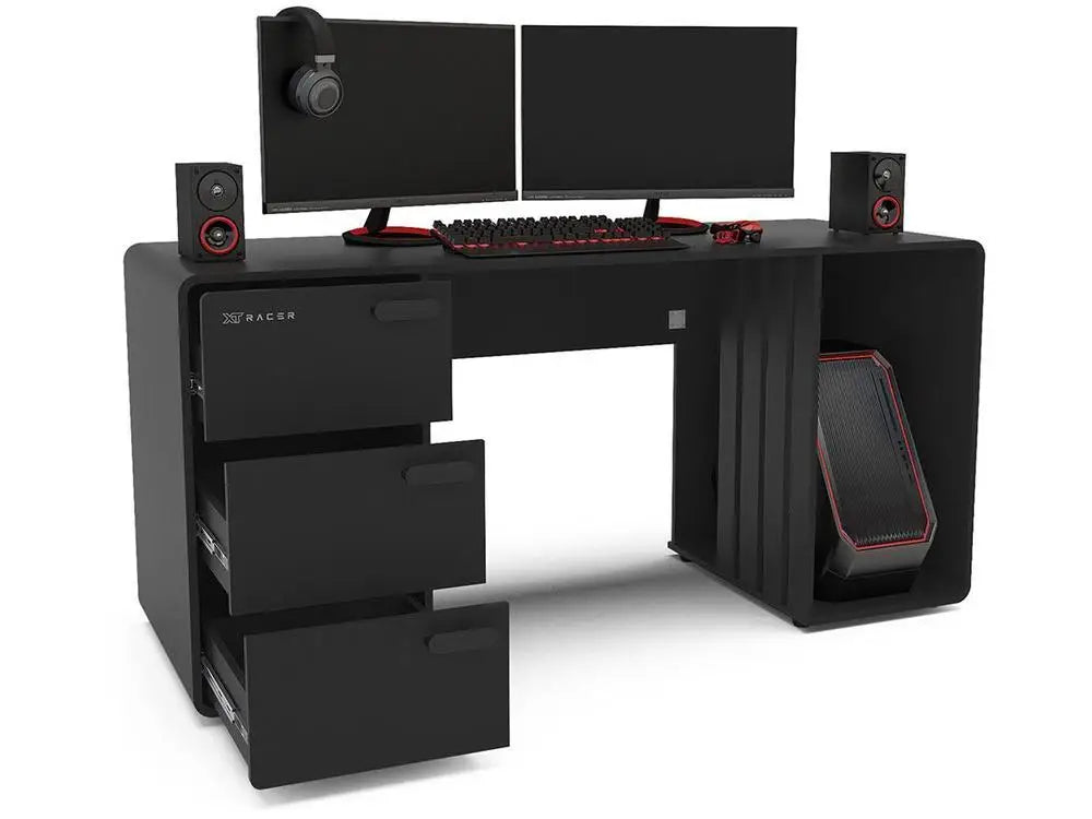 XT Racer Home Gaming Desk in Black and Silver with 3 Drawers and 1 Compartment