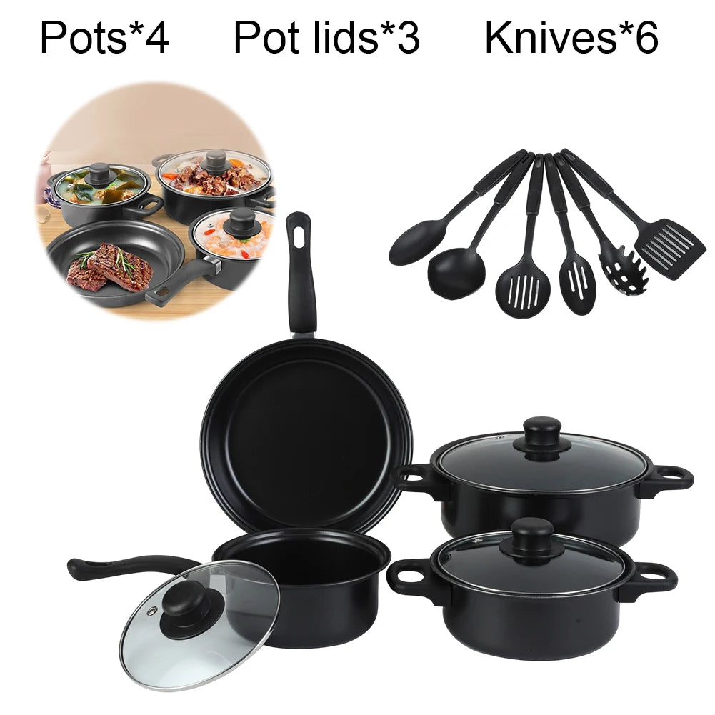 12Pcs Non Stick Cookware Set Cooking Pot with Lid Deep Frying Pan Milk Pot Maifan Stone Frying Pan for All Types of Cooker