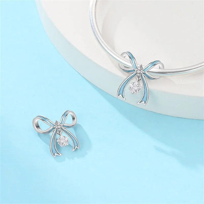 Silver Bow Charms 925 Sterling Silver Pink Heart-shaped Bow Pendants Charms Beads Fit Original S925 Bangle Bracelets DIY Jewelry