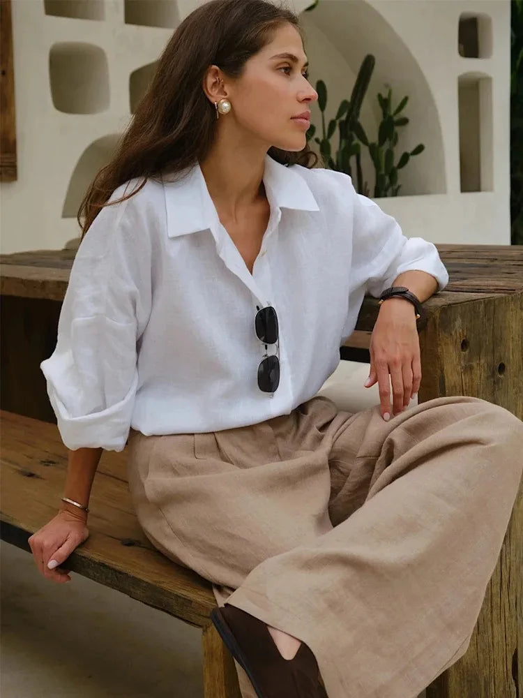 Ammug White Women's Shirt Long Sleeve Elegant Solid Blouse Woman Vintage Summer Loose Shirts for Women Basic Top Collar