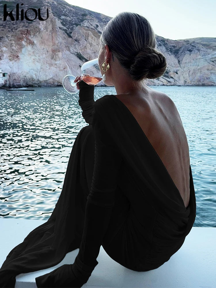 kliou Solid Elegant Women Maxi Dress Simple Fall Classic Trend Full Sleeve Swinging Backless Sheath Vestidos Mujer Evening Robe