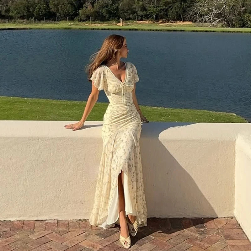 Fashion Organza Floral Printed Maxi Dress V-Neck Puff Sleeve 2026 Spring/Summer Romantic Women Party Gown Elegant Lady Vestido