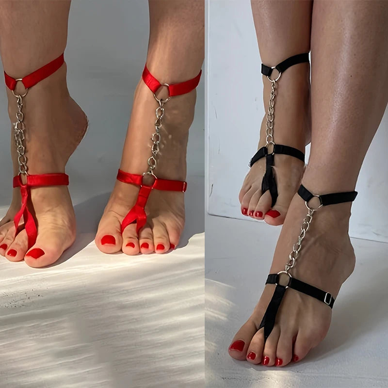 【MAX-22】1Pcs Chain Gothic Black Elastic Band Bandage Anklet Bracelet For Women High Heel Summer Barefoot Sandals Prom Foot Belt