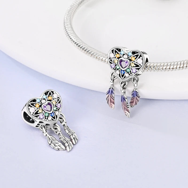 MULA Pink 925 Sterling Silver Charms Pendant Perfume Dreamcatcher Heart Love Beaded Fit Original Bracelet Women DIY Jewelry Gift