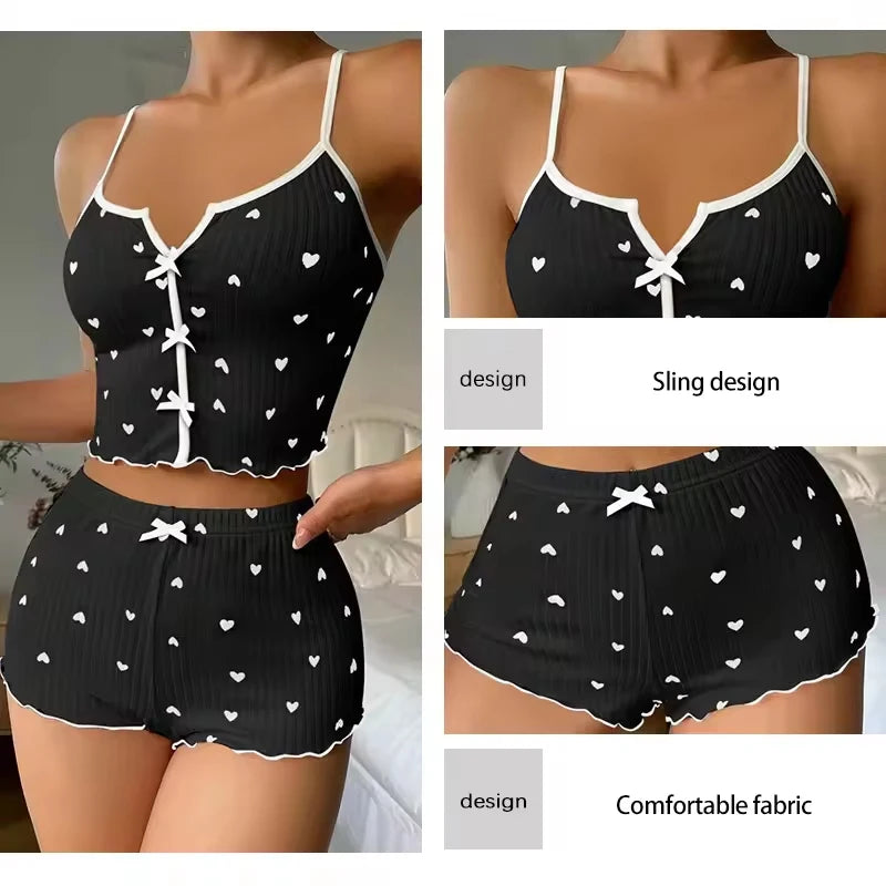 Sexy Sleepwear Women Pajamas Set Heart Print Silk Stain V-Neck Sleeveless Casual Cami Top and Shorts Sets Home Suit Loungewear
