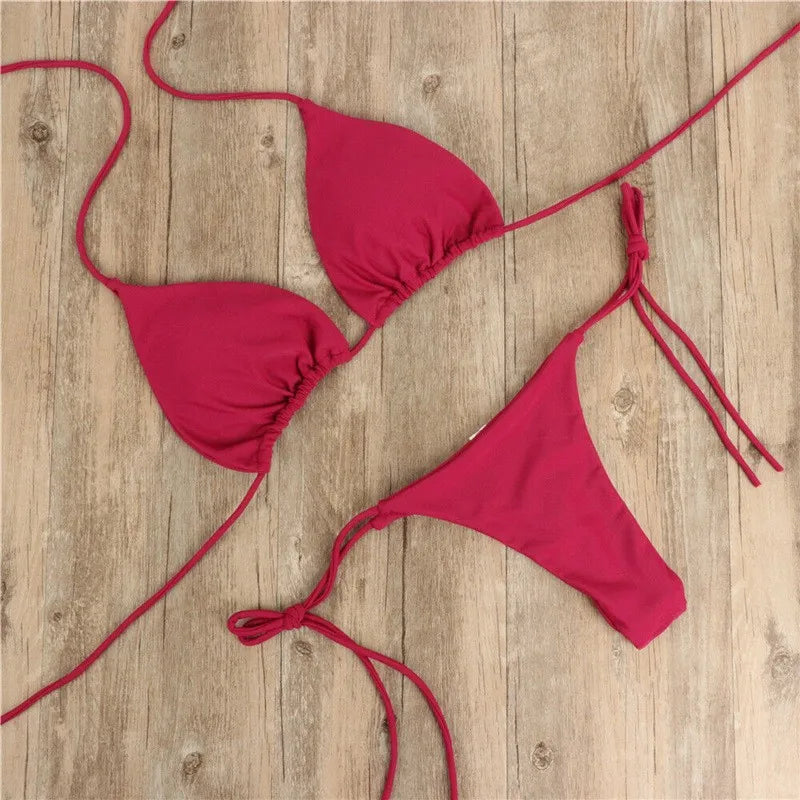 Women Triangle Bikini Set Halter Tie-Up Two Piece Swimsuit Thong Bottom Bathing Suit Beachwear