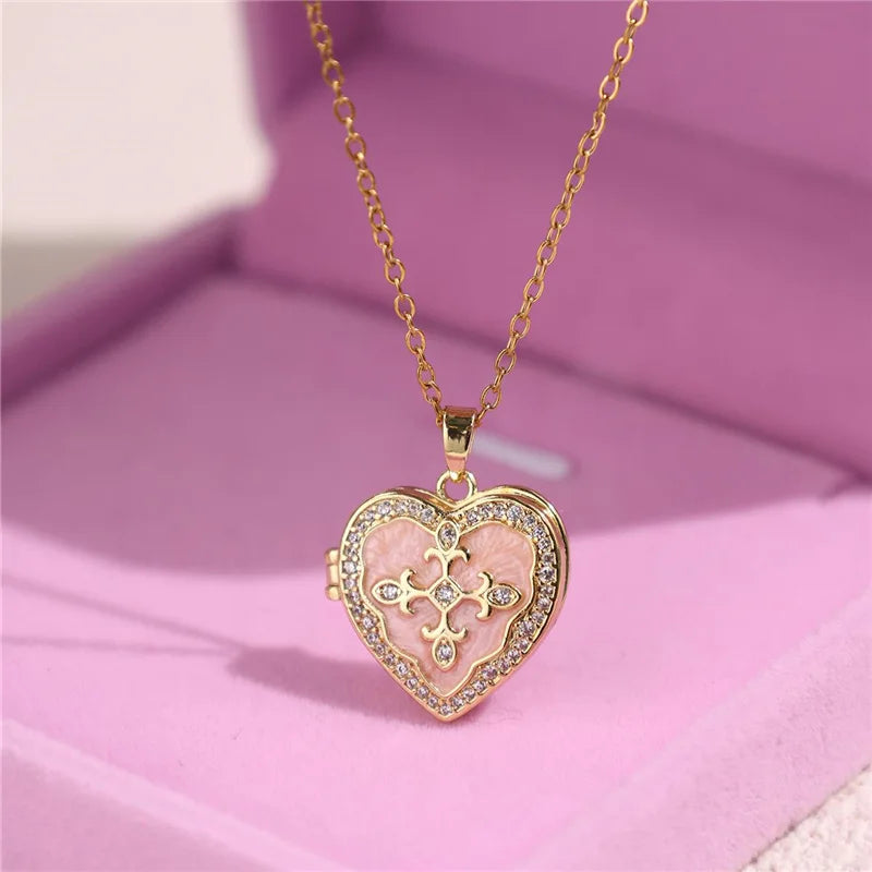 HangZhi Enamel Romantic Pink White Pearl Flower Oval Photo Frame Locket Necklace Vintage Keepsake Jewelry Gift for Women