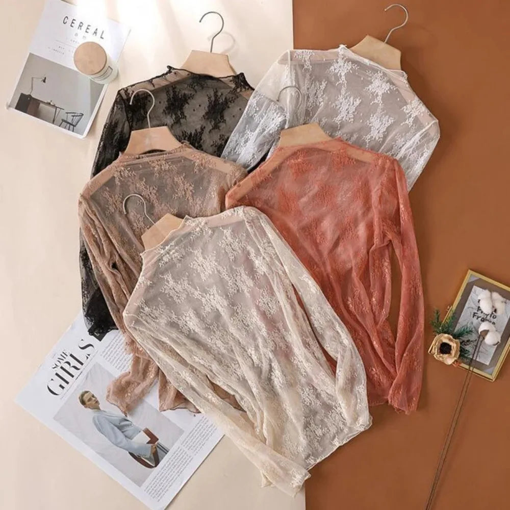 Women's Mesh T-Shirts Long Sleeve Transparent Lace Blouse Sheer See through Top Bottoming Shirt Crop Body Tee
