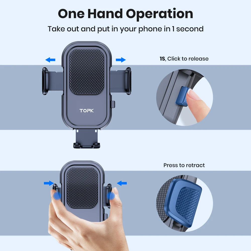 TOPK Car Phone Holder Mount for Cell Phones Upgraded Metal Hook Design,Hands-Free Holder for All Phones,Adjustable & Secure Fit