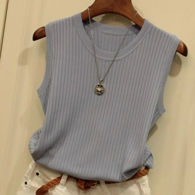2026 Summer New Fashion Knitted Vests O-neck Sleeveless Casual Thin Tops Sleeveless Blouse Women Shirt