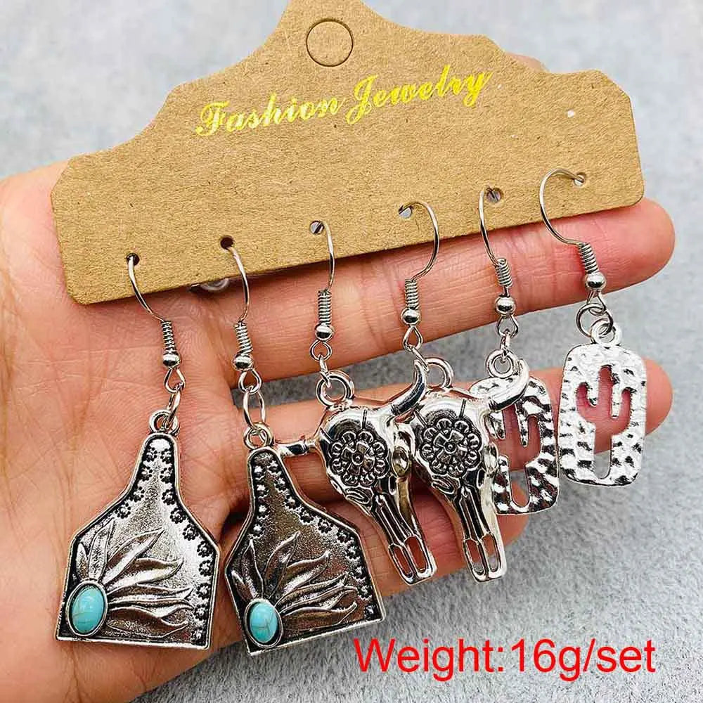 Western Retro  Turquoise Bull Head Earrings Cactus Boots Cowboy Hat Alloy Ethnic Style Earrings Set Jewelry for Women