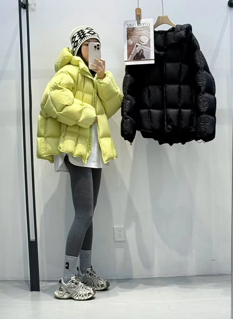 Schinteon Women Light White Down Jacket with Hood Loose Over Size Casual Autumn Winter Outwear Square Warm Short Coat 2026 New