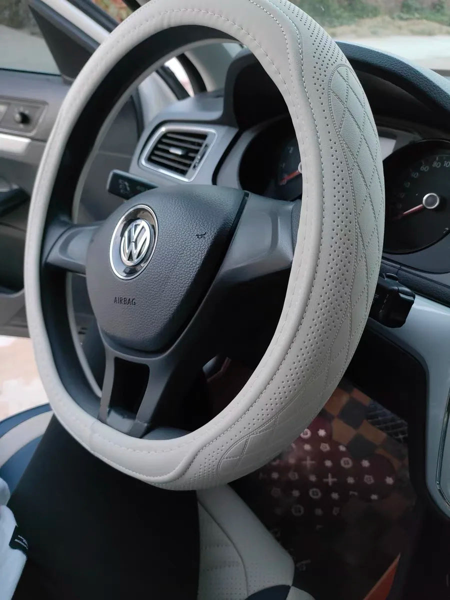 Napa Leather Perforated Patchwork Car Steering Wheel Cover, Non-slip, Breathable, Fits 14.5–15 Inch Steering Wheel Cover
