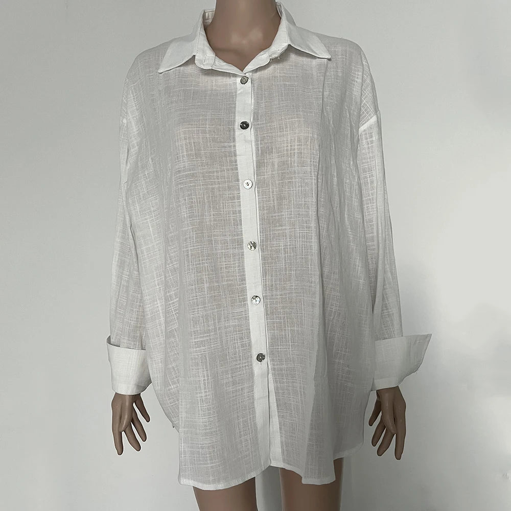 Ammug White Women's Shirt Long Sleeve Elegant Solid Blouse Woman Vintage Summer Loose Shirts for Women Basic Top Collar
