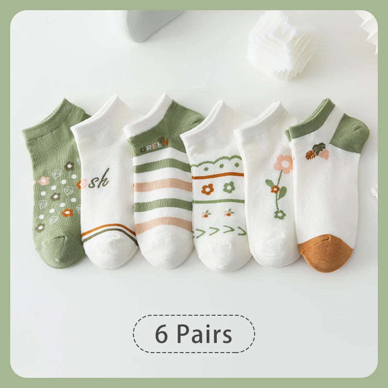 6 Pairs of Women Is Summer Thin Short Socks Sweet Cute Breathable Mesh Comfortable and Small Floral Fragments