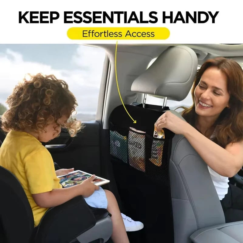 Waterproof Kick Mats Backseat Protector, Car Seat Back Protectors Black Seat Cover for Kids with 3 Pocket Storage Organizer,