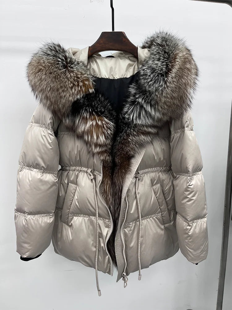 Winter Real Fox Fur Collar Hooded Thick Goose Down Jacket Natural Coat Women Female Outwear Luxury Warm Russia Puffer Jackets