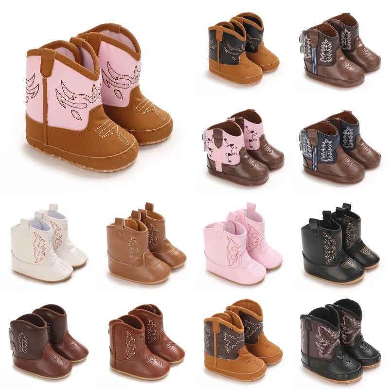 Western Cowboy Princess Baby Boots 0-18M Infant Pre-Walker Shoes Soft Sole Embroidered Footwear for Newborn Girls